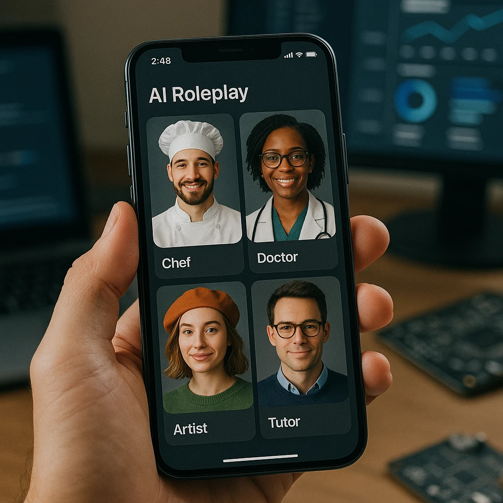 AI roleplay chatbot interface showing character interaction and conversation