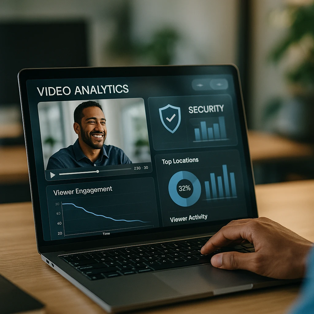 Tableau de bord d'analyse vidéo d'entreprise affichant l'engagement des spectateurs et les mesures de sécurité