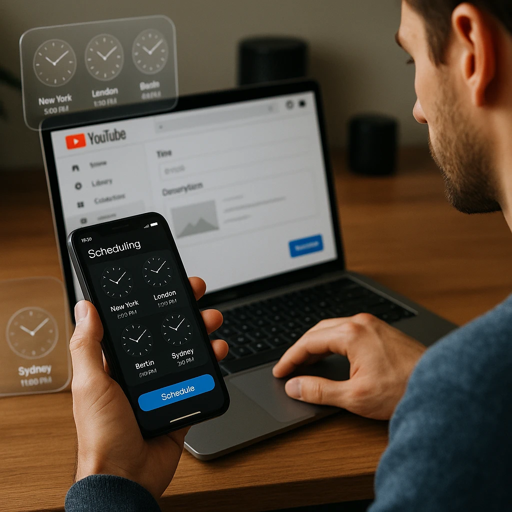 Créateur de contenu programmant des publications avec un appareil mobile affichant les fuseaux horaires et l'interface YouTube