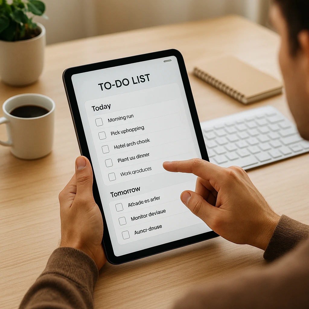 A person organizing their day on a tablet with a to-do list app interface.