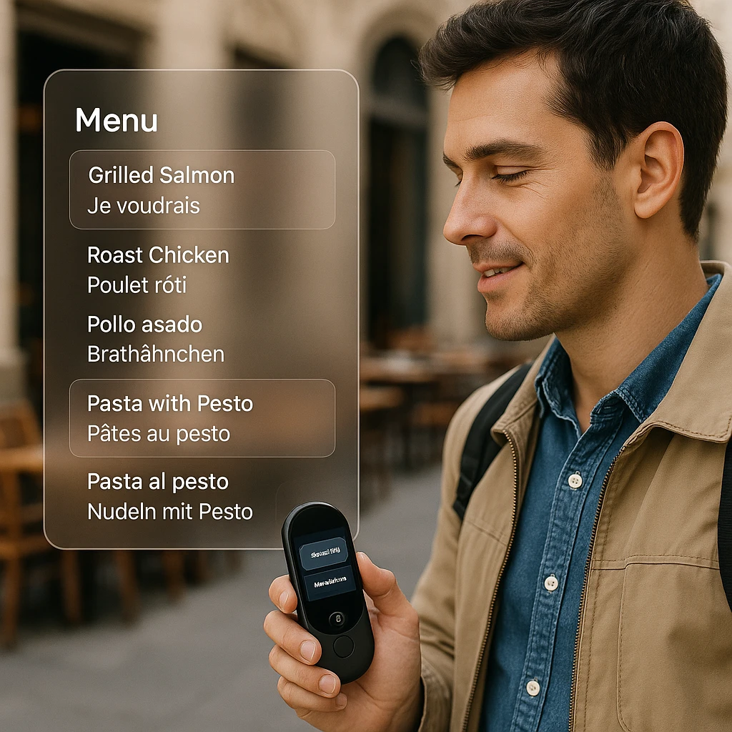 Person using handheld translator device while traveling, with text translation overlay showing menu in different languages