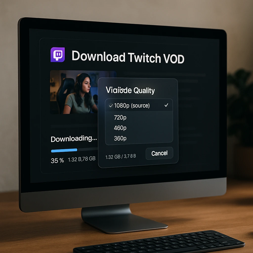 Interface moderne de téléchargement de VOD Twitch montrant les options de qualité vidéo et la progression du téléchargement