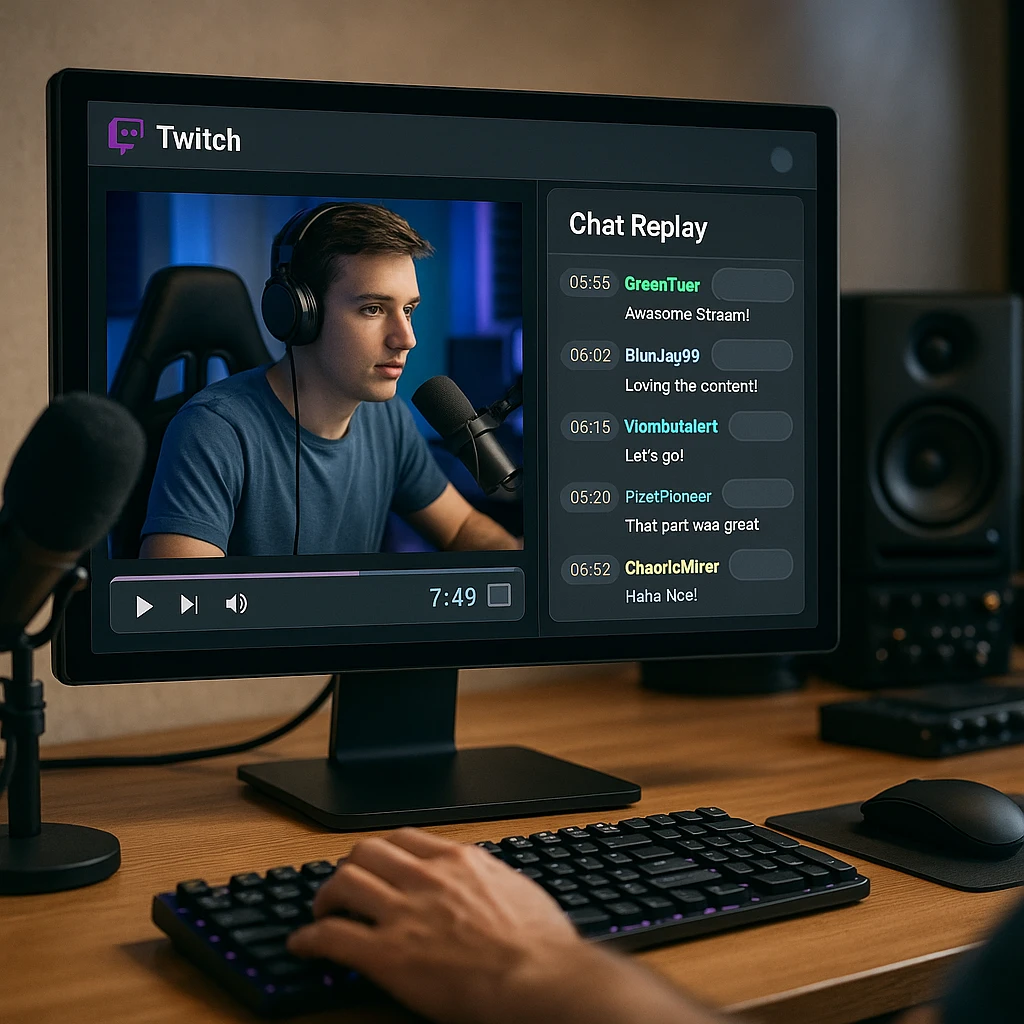 Interface de relecture de chat Twitch affichant des messages vidéo et de chat synchronisés pour l'archivage de contenu