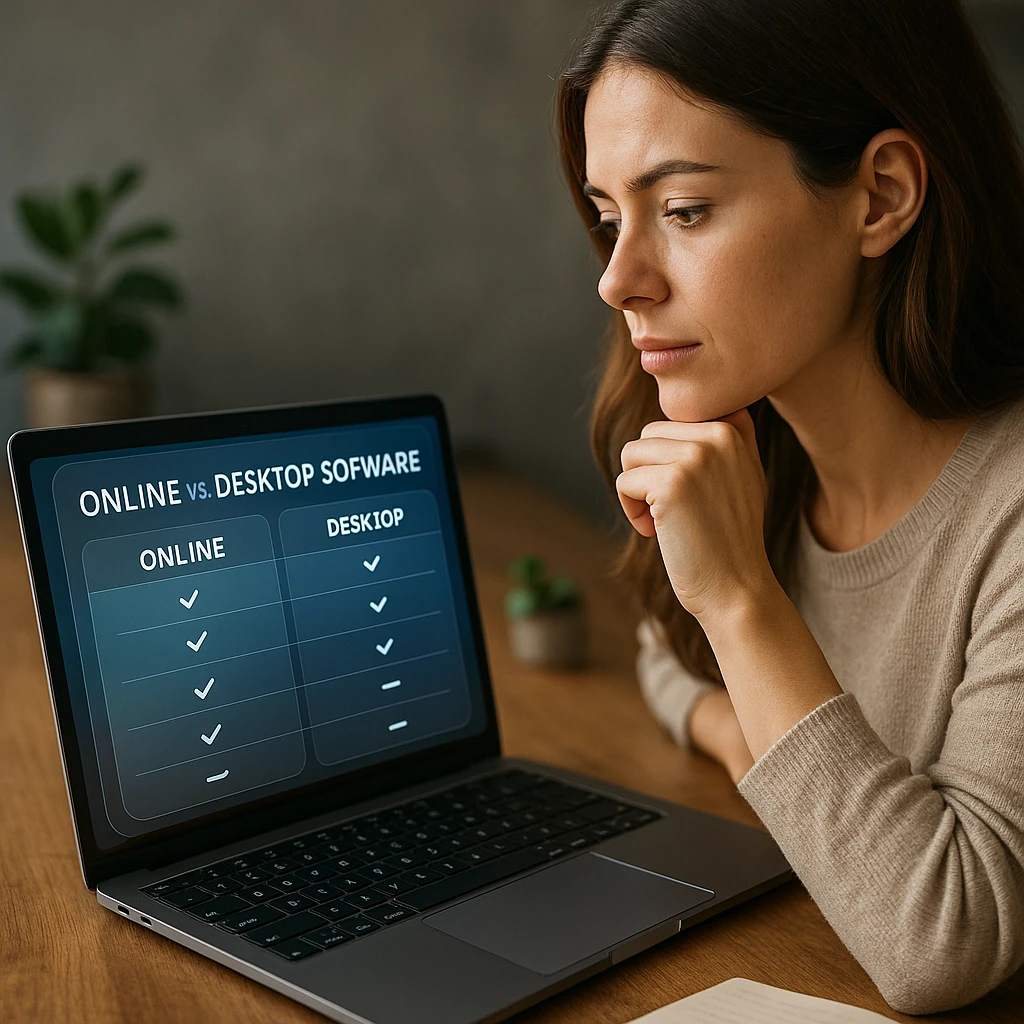 Tableau comparatif numérique montrant les fonctionnalités des logiciels en ligne et de bureau avec une conception infographique moderne
