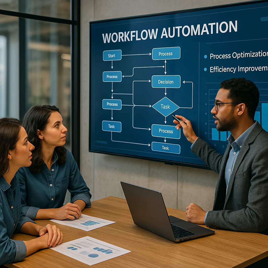 Business team analyzing workflow automation diagrams on large screens, showing process optimization and efficiency improvements, modern office with digital dashboards
