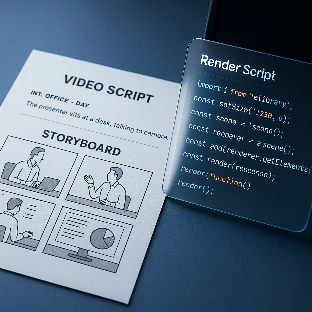 A video script and storyboard panels beside a code editor showing a render script