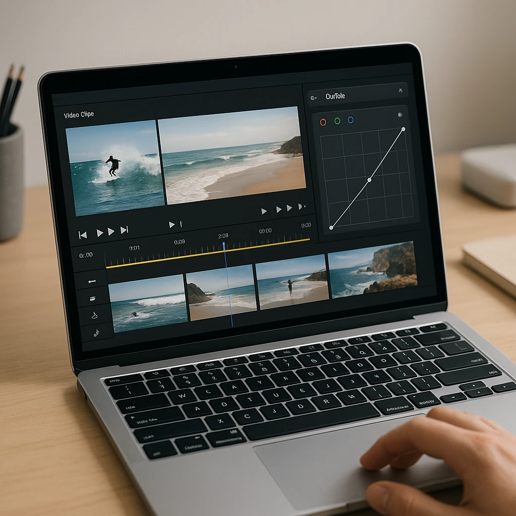 Laptop showing video clips being trimmed on a timeline with a color curves adjustment panel open