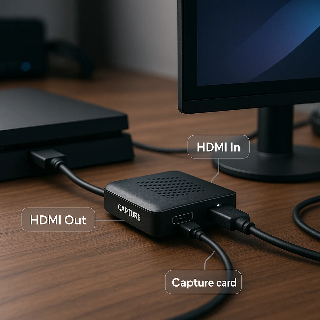 Configuration professionnelle de carte d'acquisition montrant des connexions HDMI appropriées entre la console, la carte d'acquisition et le moniteur avec des câbles clairement étiquetés et un espace de travail organisé