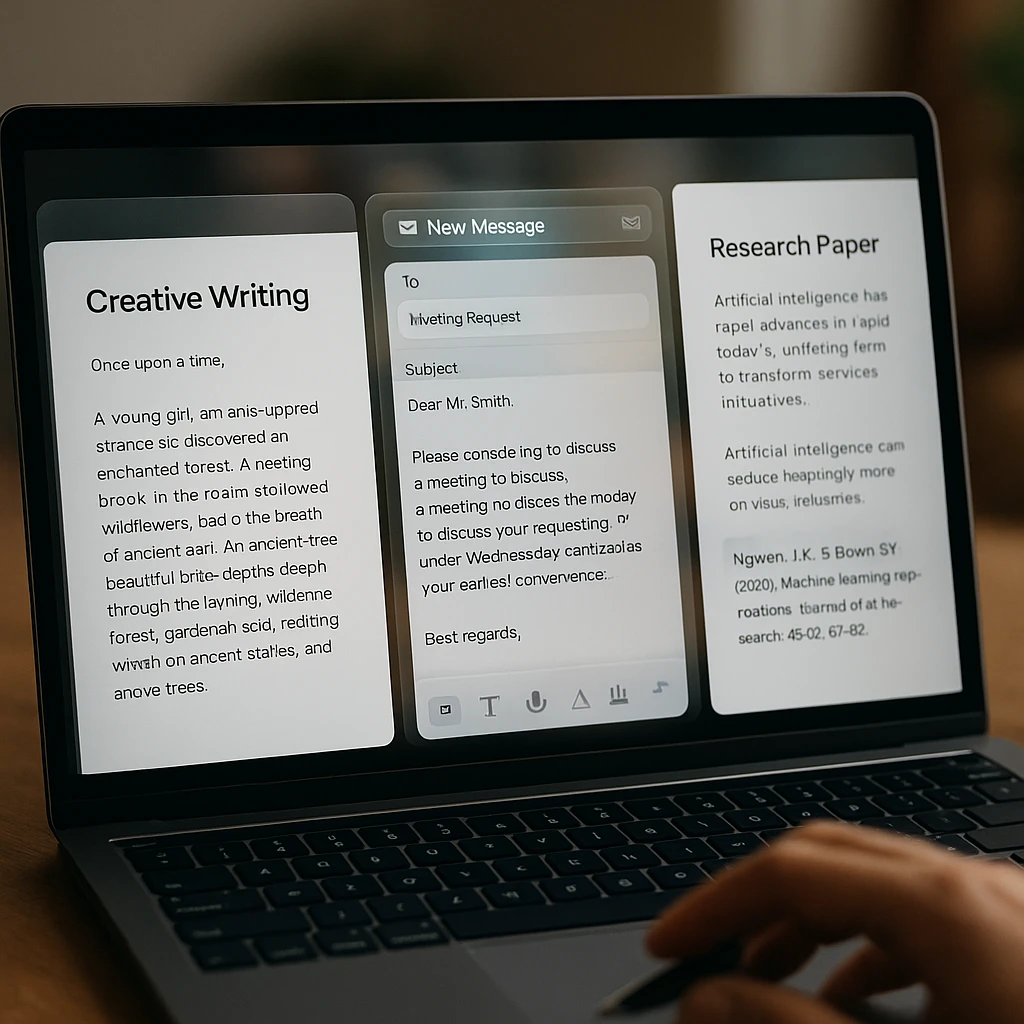 Écran partagé professionnel montrant un document de rédaction créative, une interface de messagerie professionnelle et un article de recherche avec des citations
