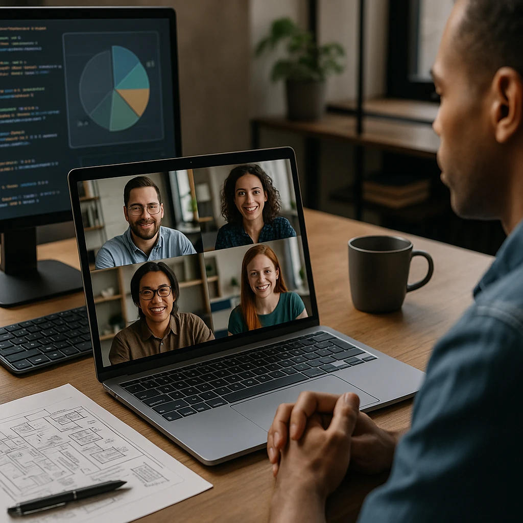 Appel vidéo à distance avec des membres de l'équipe exprimant leur joie et leur personnalité à travers des réponses de prise de contact créatives