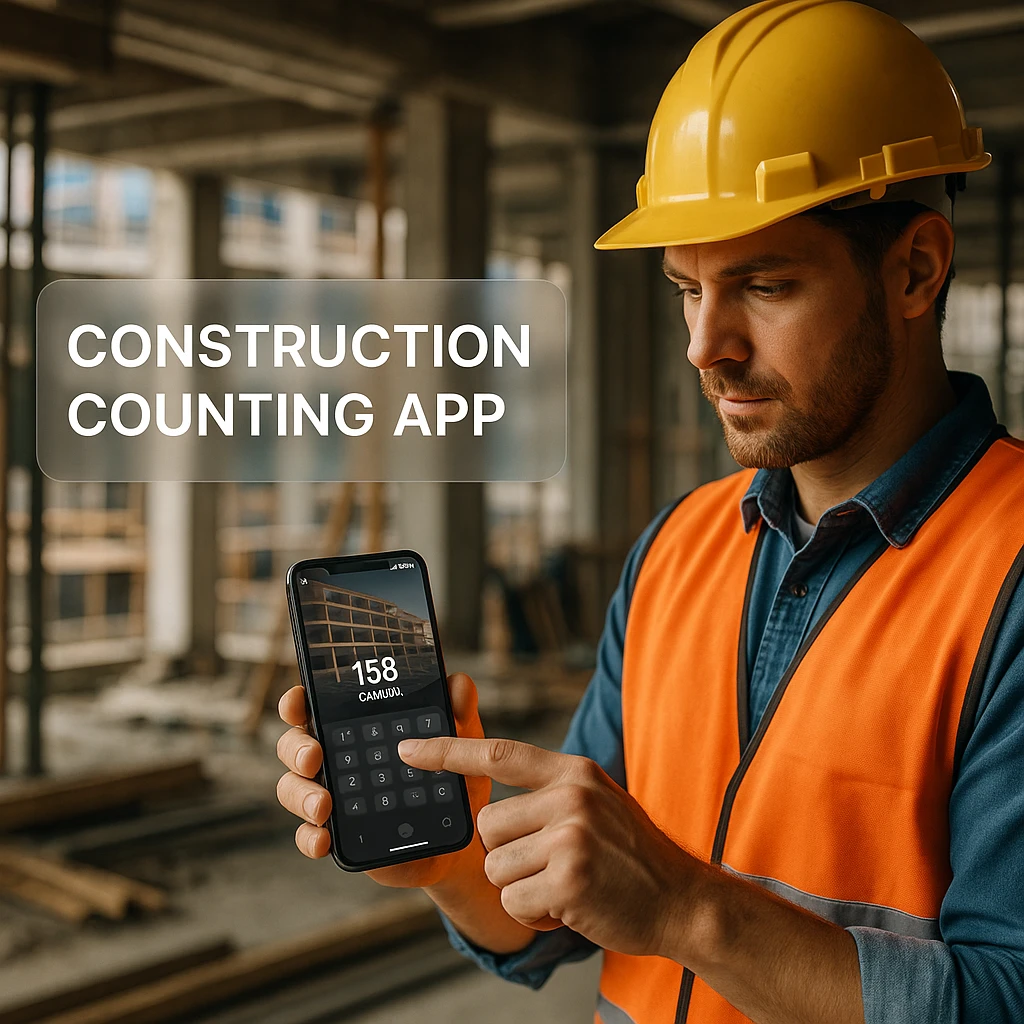 Professionnel utilisant une application mobile pour le comptage des matériaux de construction