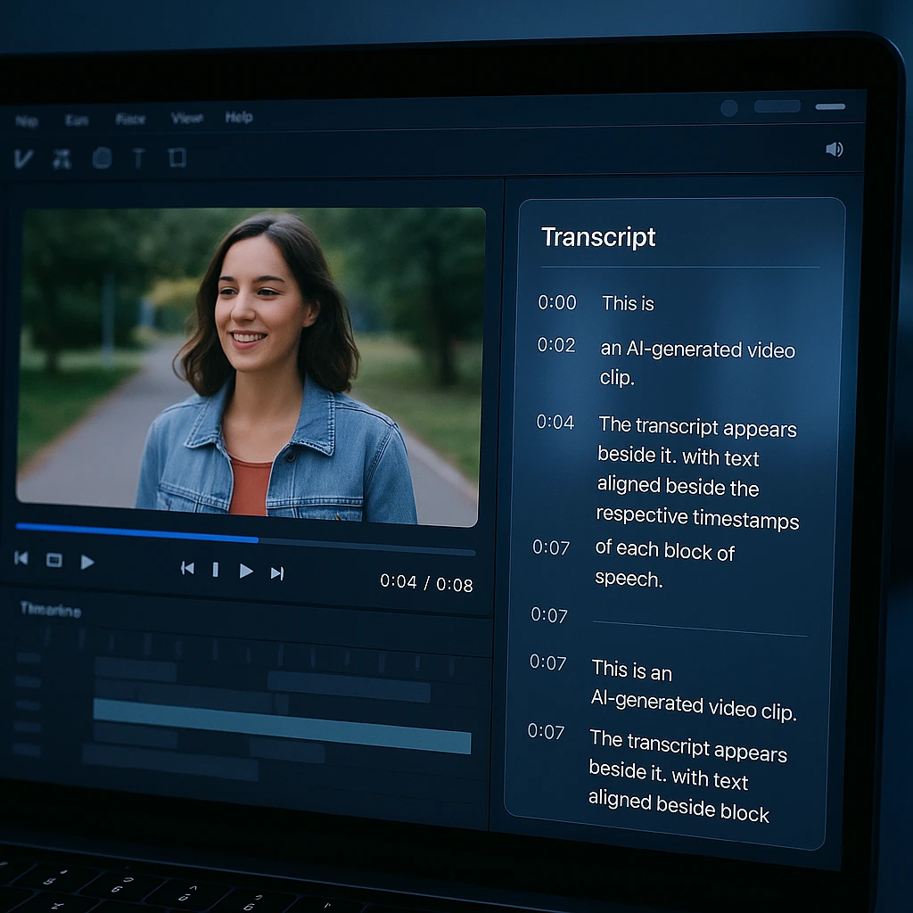A short AI-generated video clip open in an editor with its timestamped transcript panel displayed alongside