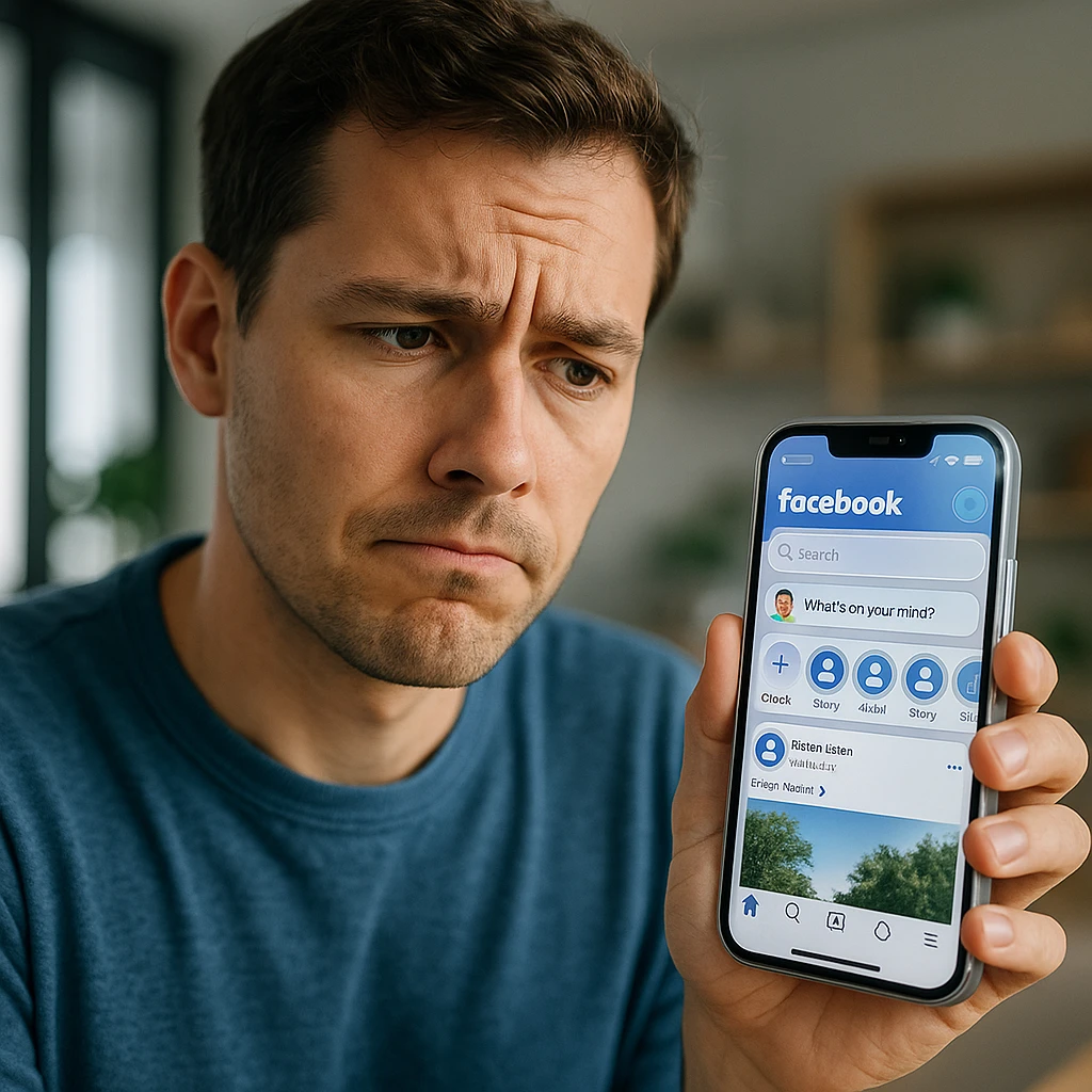 Personne regardant l'écran de son téléphone avec une expression légèrement interrogative, tenant un iPhone affichant l'interface Facebook, éclairage naturel doux dans un cadre moderne