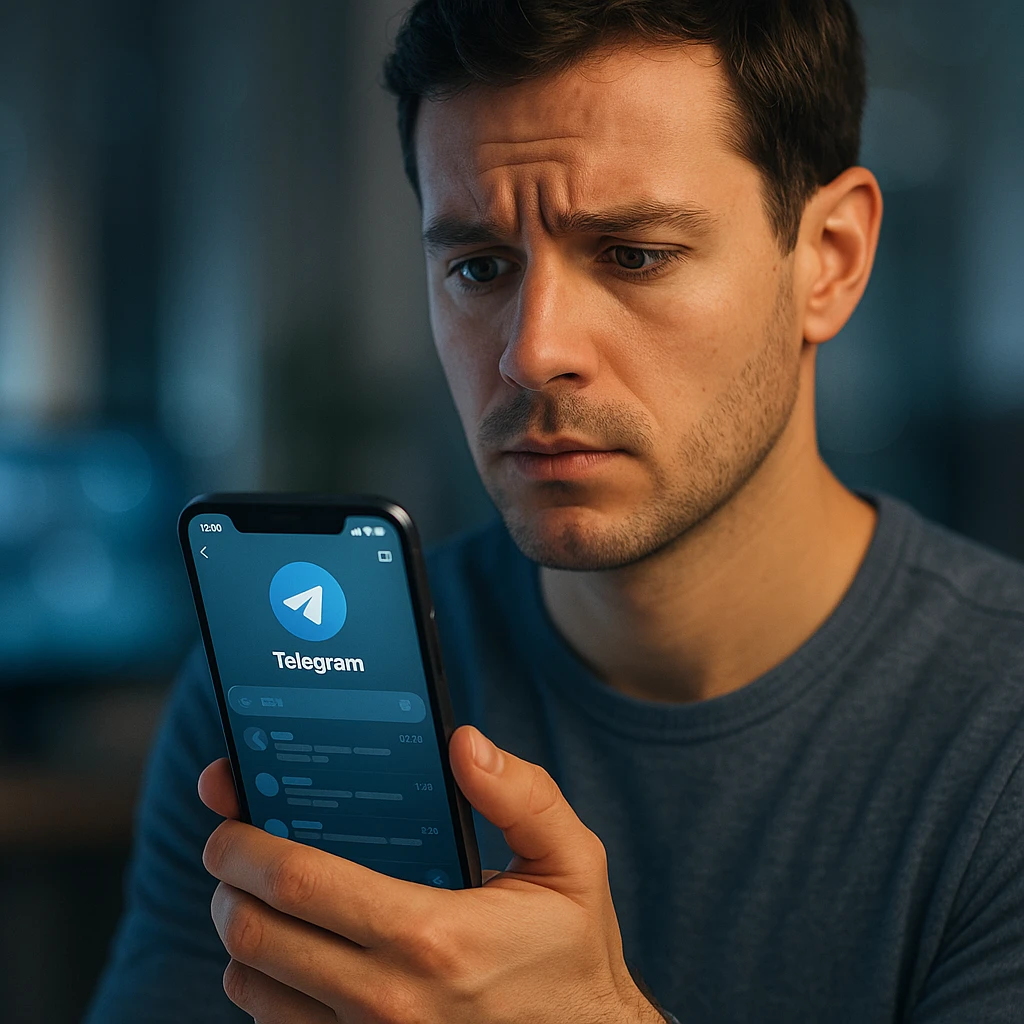 Person looking at their phone screen with Telegram app open, showing a chat interface with a subtle questioning expression, modern smartphone in hand with soft lighting