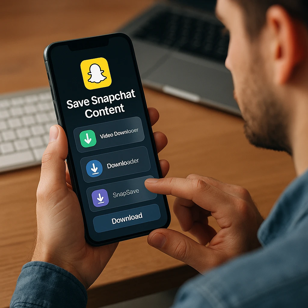 Personne utilisant un smartphone pour télécharger et enregistrer du contenu Snapchat avec l'interface de divers outils de téléchargement