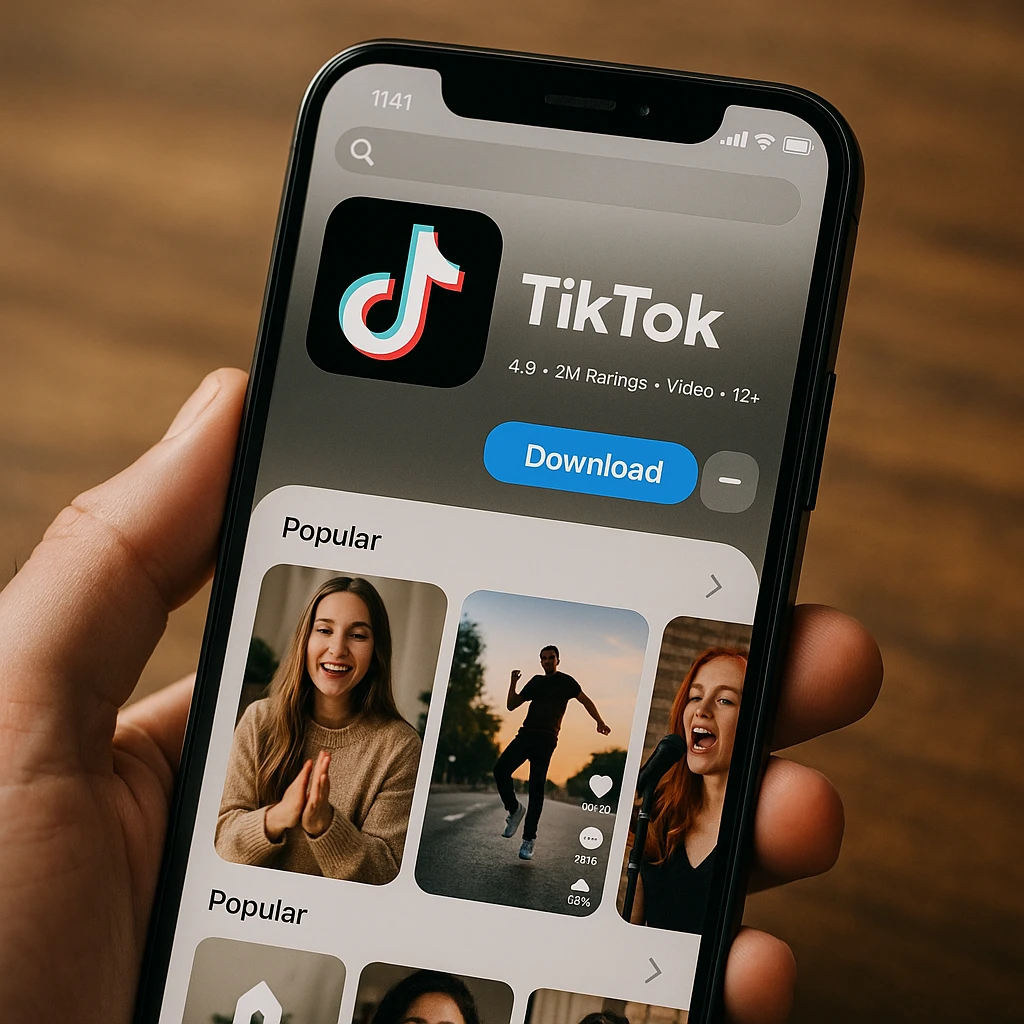 Téléphone intelligent moderne affichant l’interface de l’application TikTok avec des options de téléchargement et des miniatures vidéo, conception d’interface utilisateur mobile propre