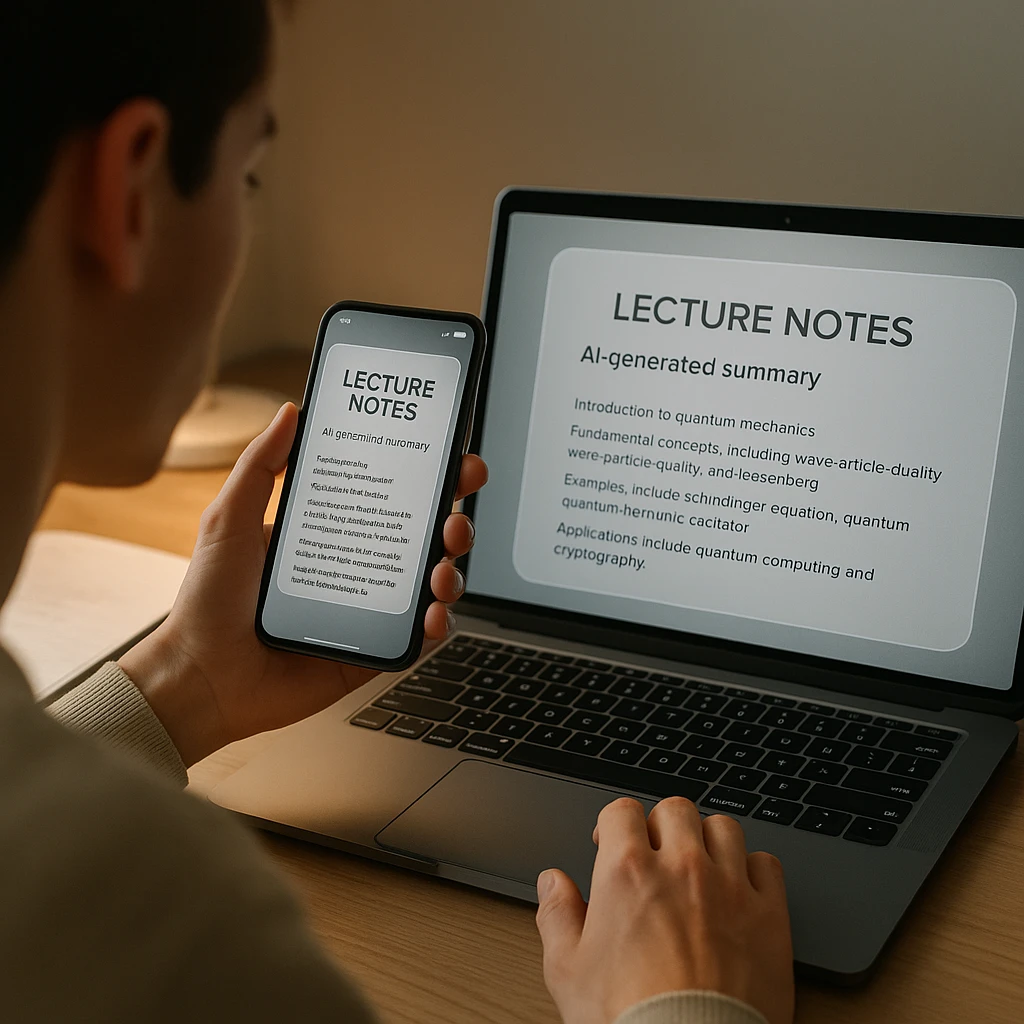 Étudiant comparant une application de prise de notes de cours AI sur téléphone et une application web sur ordinateur portable, les deux affichant des notes de cours