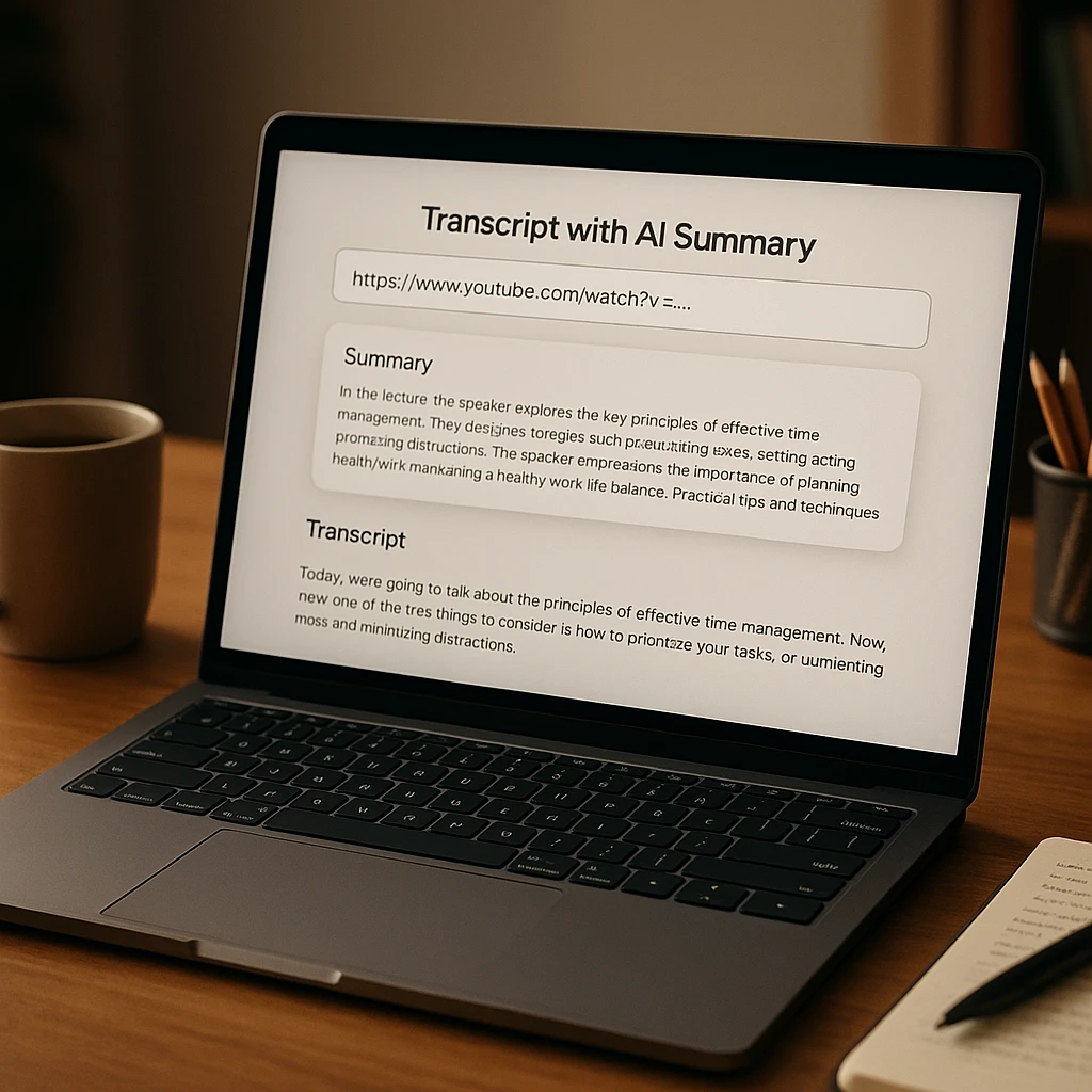 Une URL de cours YouTube collée dans ScreenApp et transformée en transcription avec un résumé IA