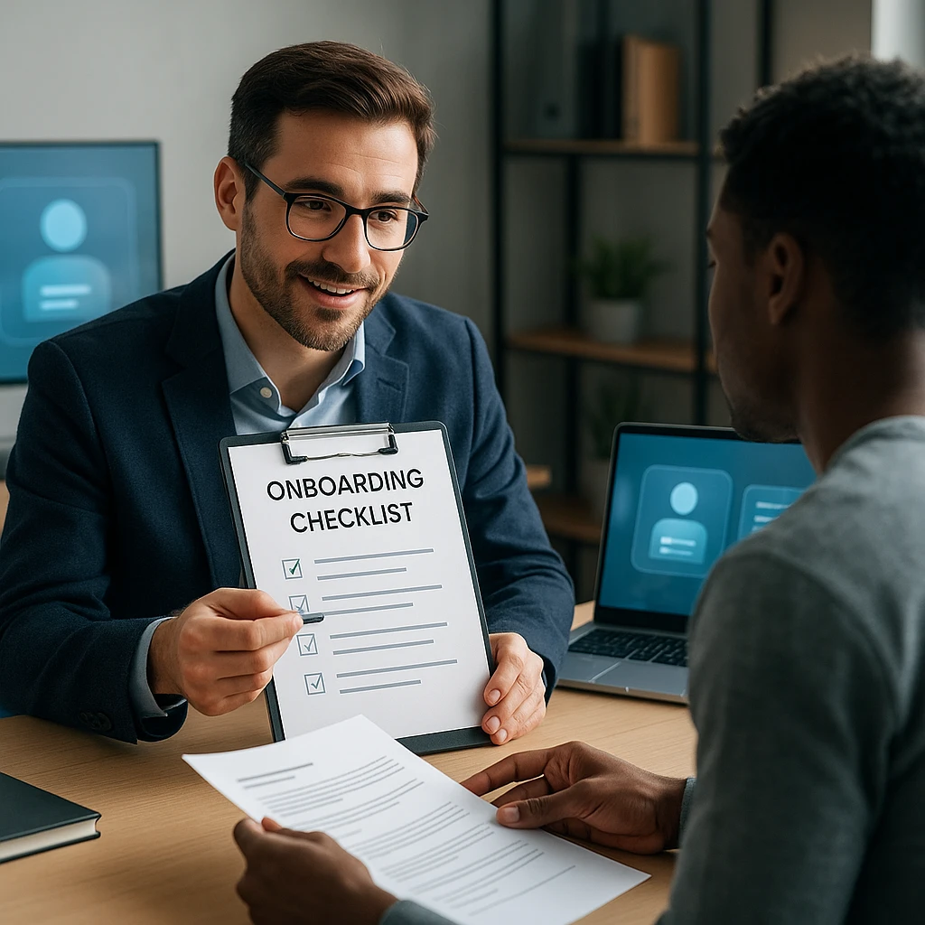 Gestionnaire professionnel examinant la liste de contrôle et la documentation d'intégration avec une nouvelle recrue à un bureau doté d'une technologie moderne