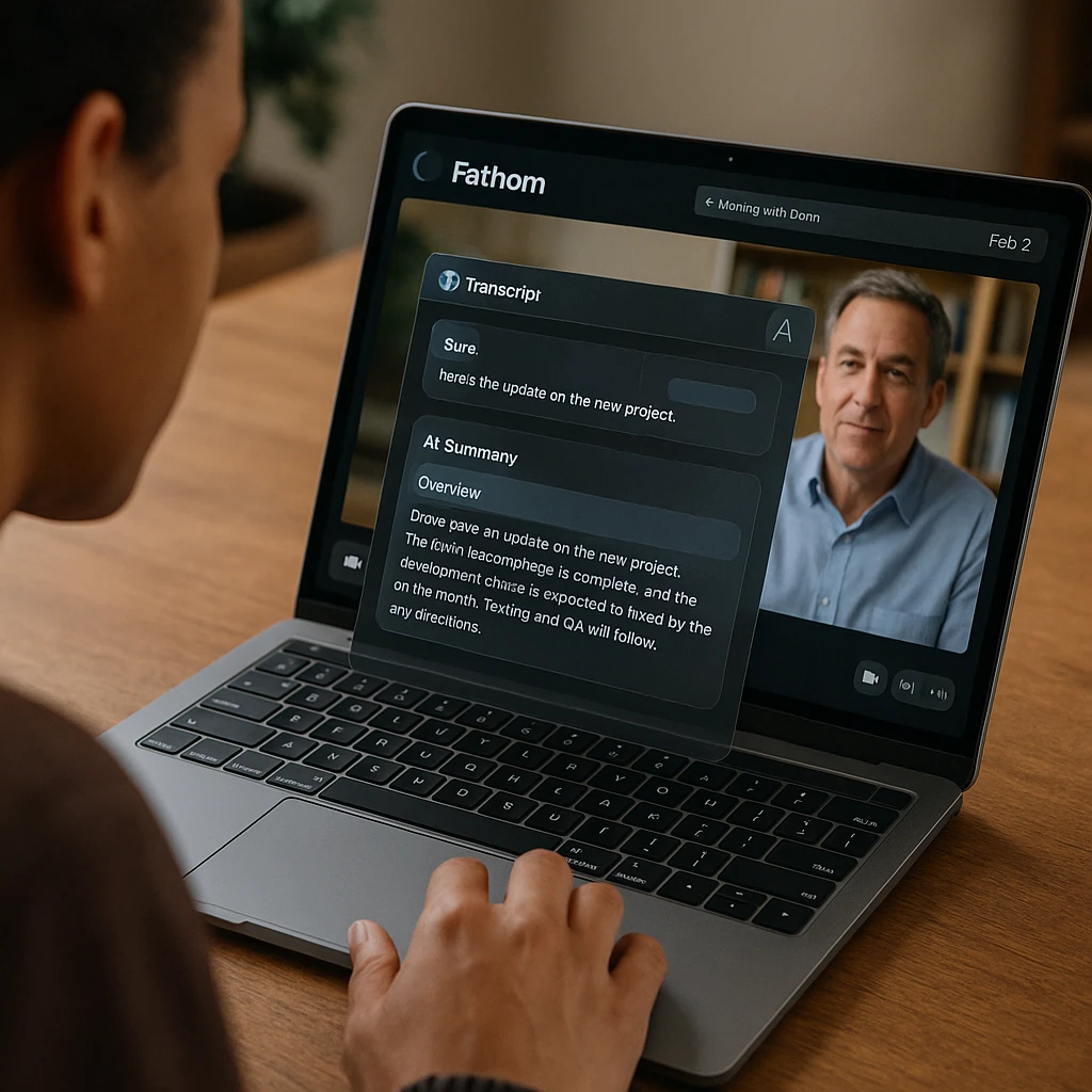 Fathom AI dashboard showing meeting transcription and AI-generated summary interface