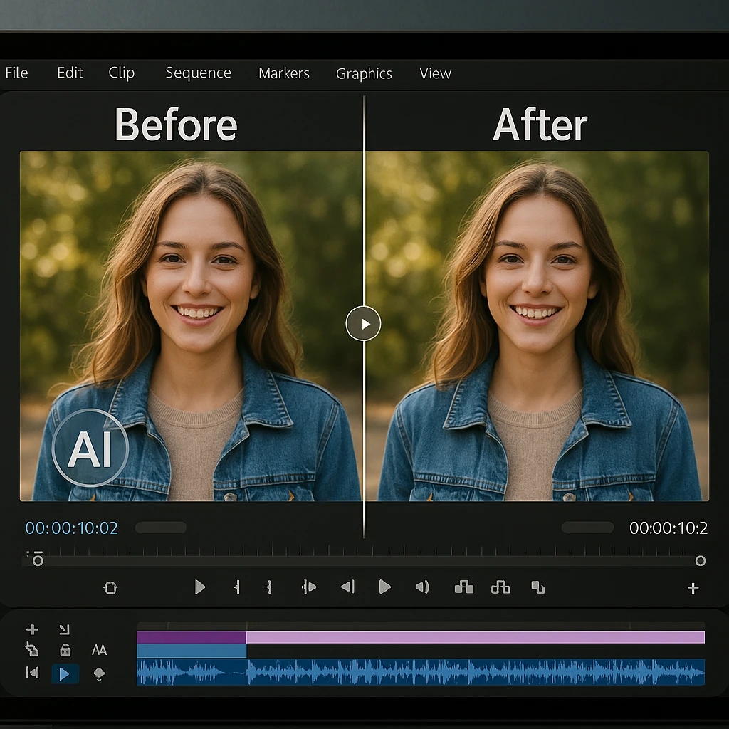 Before and after comparison of an AI-generated video frame, one with a small corner watermark and one clean, on an editing screen