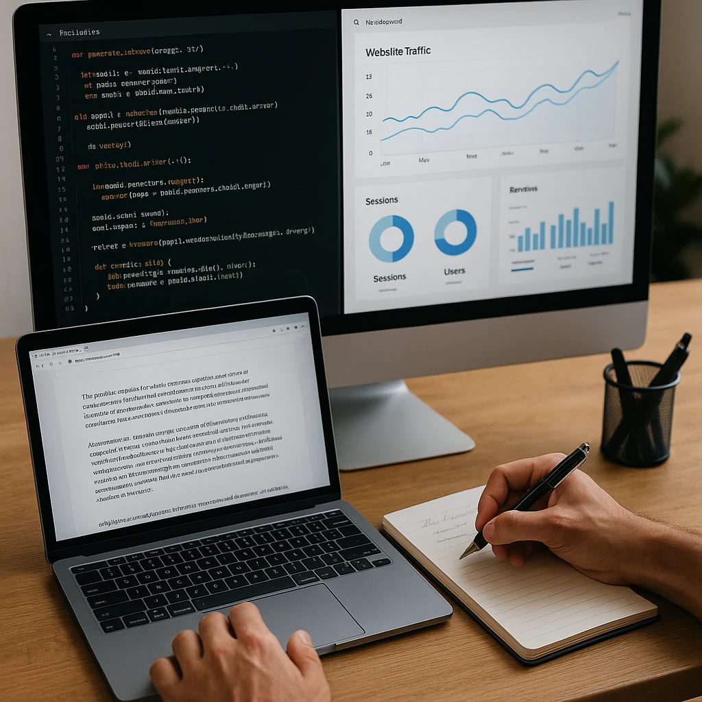 Écran partagé professionnel montrant l'interface de codage, les outils d'écriture créative et les tableaux de bord d'analyse de données en temps réel