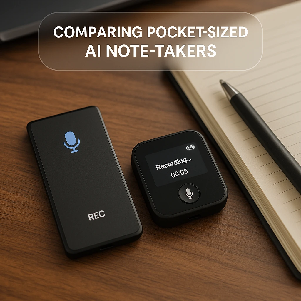 Pocket-sized AI notetaker devices compared side by side on a desk