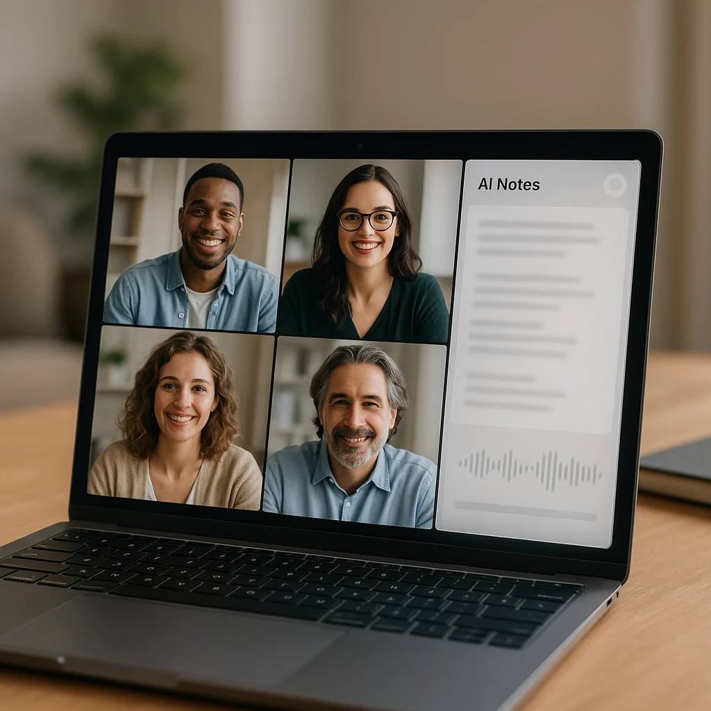 Software AI notetaker capturing a video meeting with a live notes panel