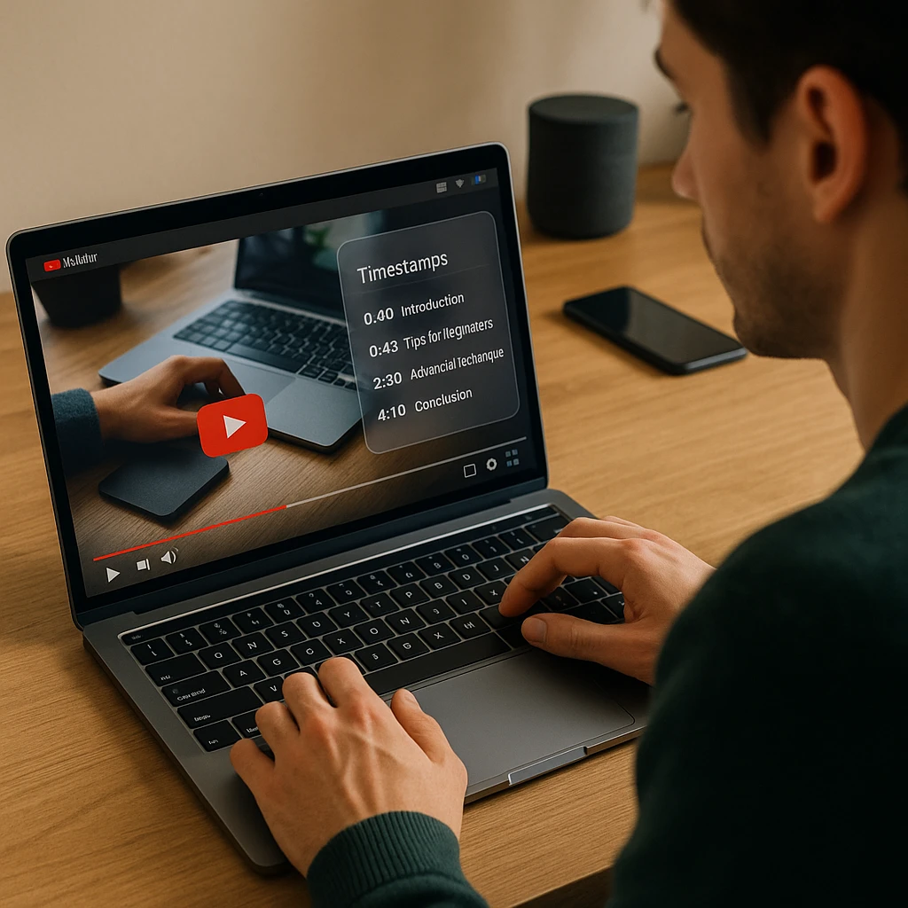 Créateur de contenu ajoutant des horodatages à une vidéo YouTube sur un écran d'ordinateur portable affichant l'éditeur vidéo et le format d'horodatage