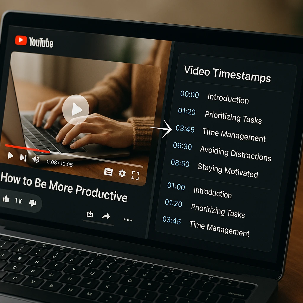 Écran partagé montrant une vidéo YouTube à gauche avec des horodatages professionnels dans la description à droite, démontrant une navigation améliorée