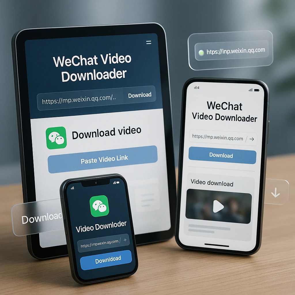Multiple devices showing WeChat video downloader tools interface, tablet and smartphone displays, floating UI elements, modern tech aesthetic with glassmorphic design