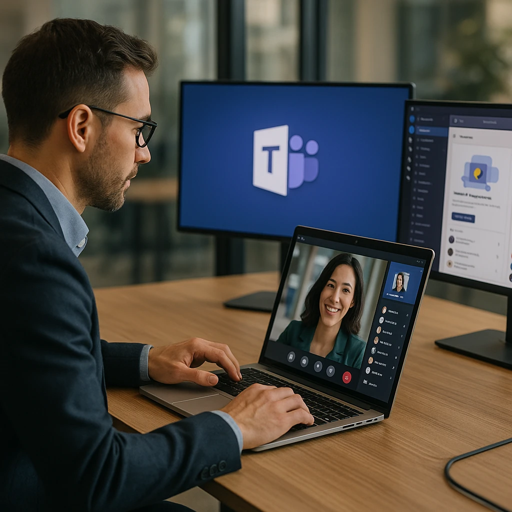 Personne rejoignant professionnellement une réunion Microsoft Teams sur son ordinateur portable dans un bureau moderne avec plusieurs écrans affichant l'interface Teams