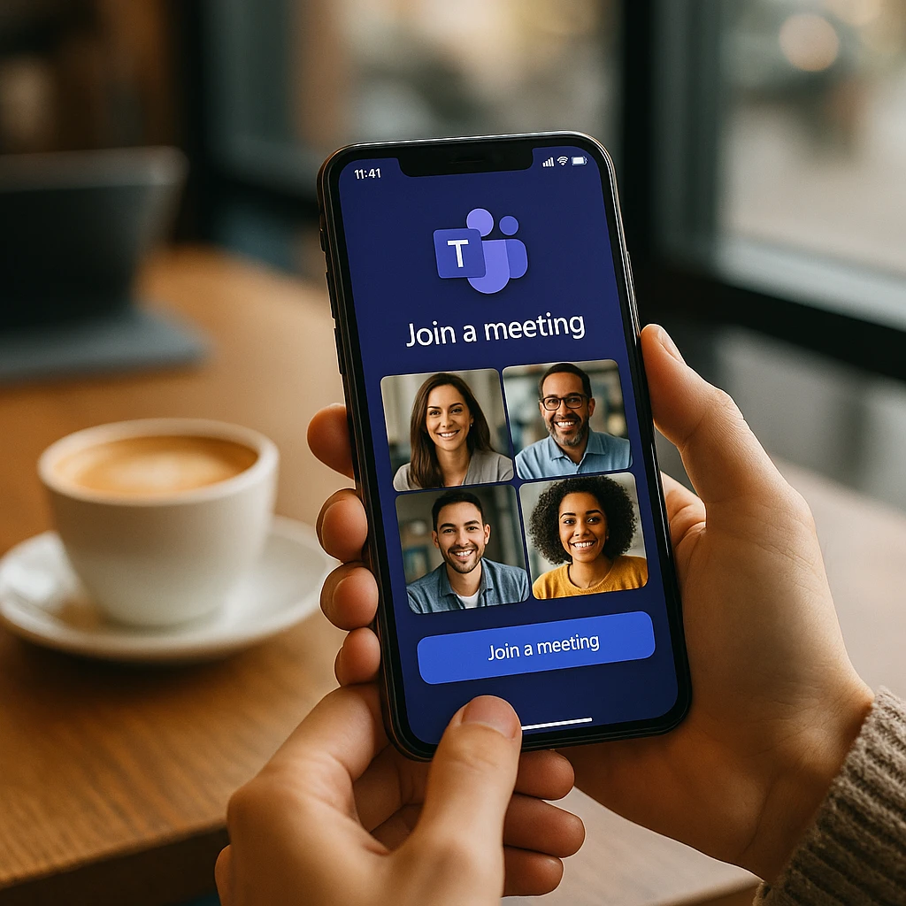 Personne utilisant son smartphone pour rejoindre une réunion Teams assise dans un café avec l'application mobile Teams visible à l'écran