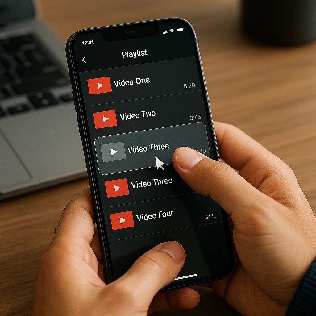 Une personne organisant une playlist YouTube sur un téléphone mobile, faisant glisser et déposant des vidéos pour les réorganiser