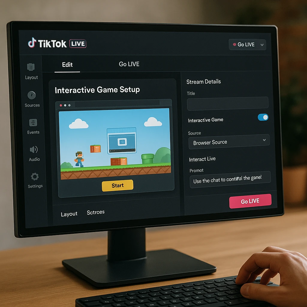 Interface de TikTok LIVE Studio montrant la configuration d'un jeu interactif avec une source de navigateur