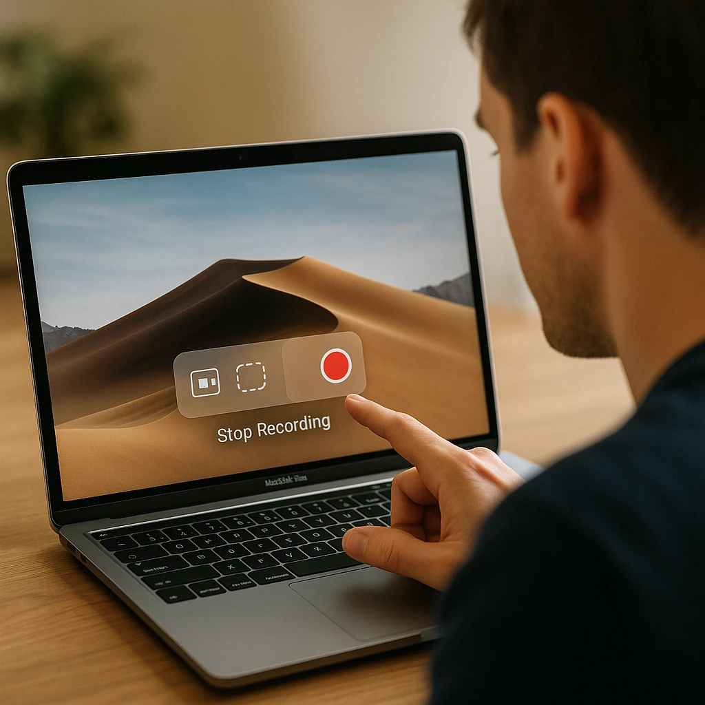 Mac user demonstrating screen recording controls and stop recording button on macOS interface