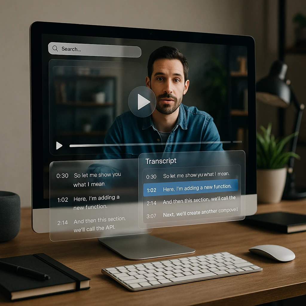 Modern workspace showing video player interface with search bar and highlighted transcript timestamps
