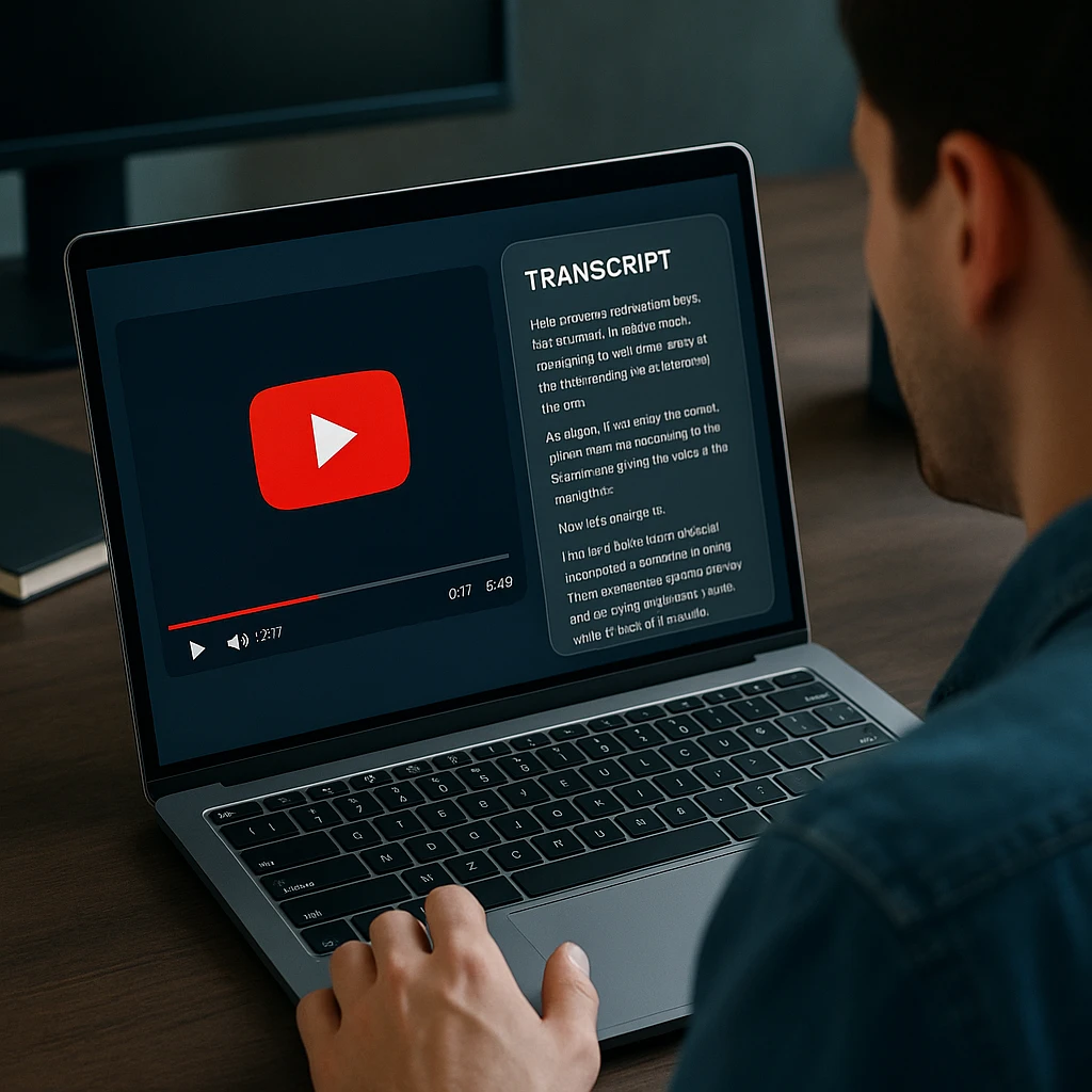 Personne regardant une vidéo YouTube sur un ordinateur portable avec du texte de transcription apparaissant à l'écran