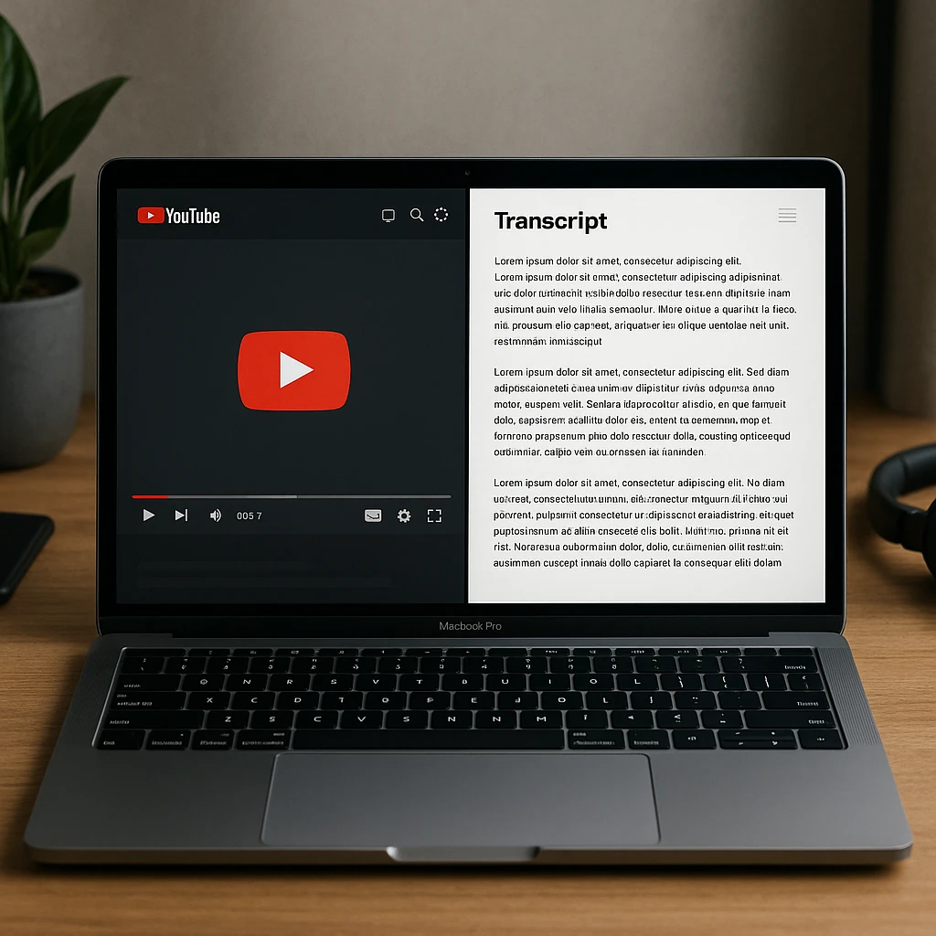 Écran partagé montrant une vidéo YouTube à gauche et un document de transcription propre à droite