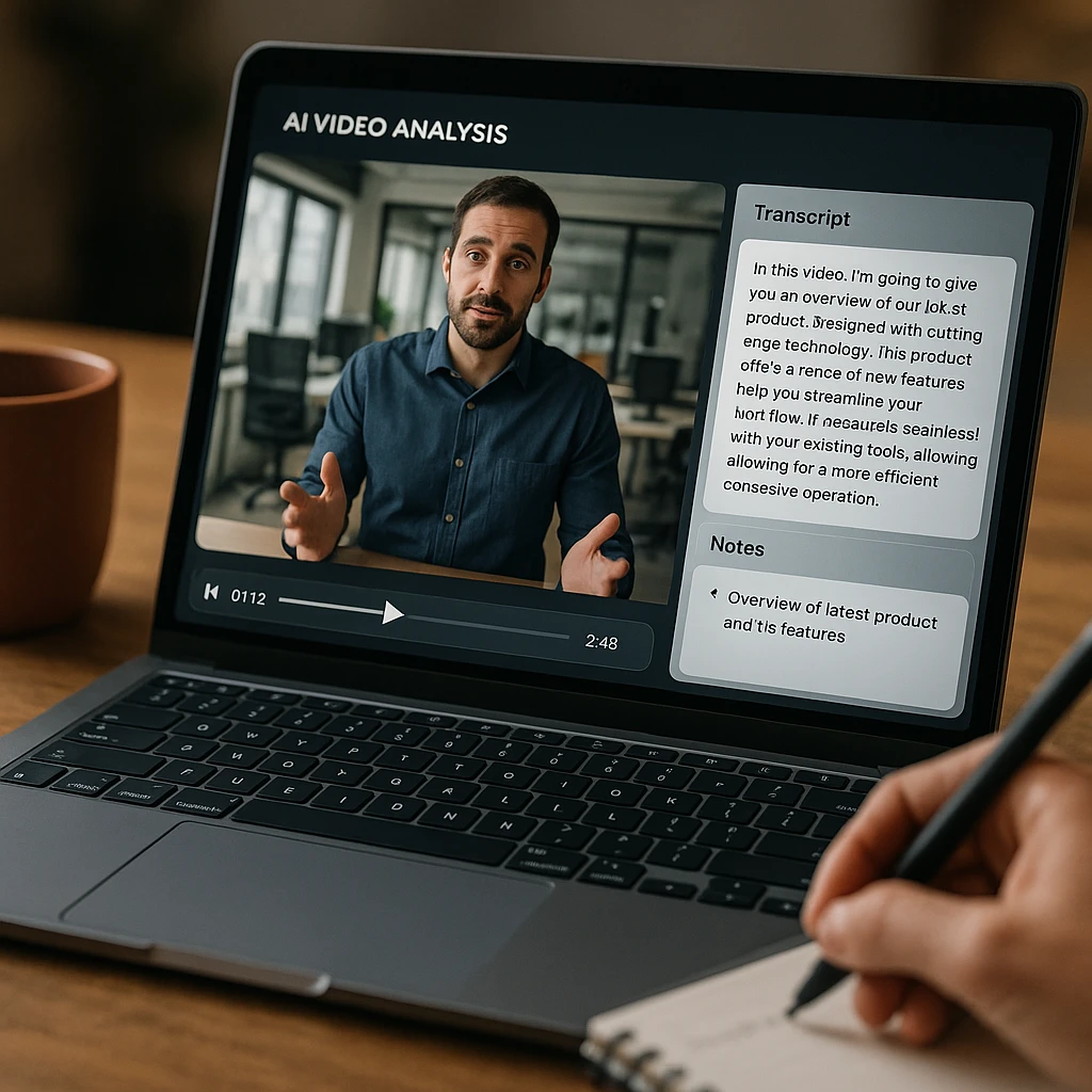 AI video analysis interface showing transcript generation and note creation