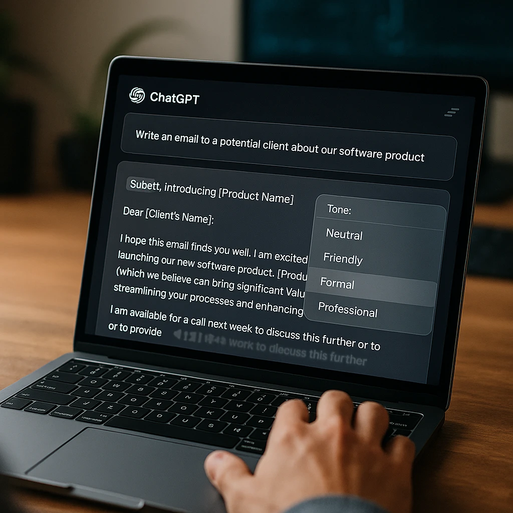 Interface ChatGPT affichant la composition d'e-mails avec l'ingénierie des invites et diverses options de ton pour la communication professionnelle
