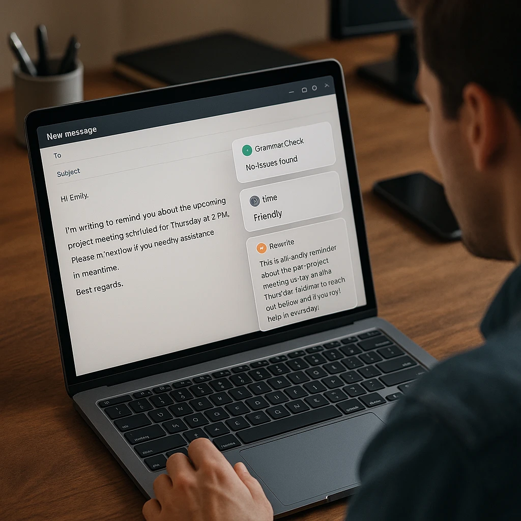 Espace de travail professionnel affichant l'interface de modification des e-mails avec la vérification de la grammaire, l'analyse du ton et les suggestions de réécriture basées sur l'IA