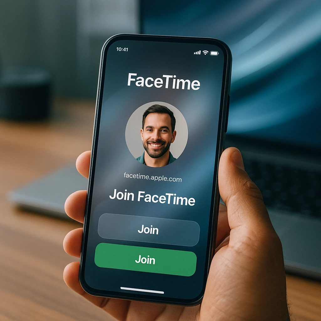 Android and iPhone users connecting via FaceTime in a modern, glassmorphic UI