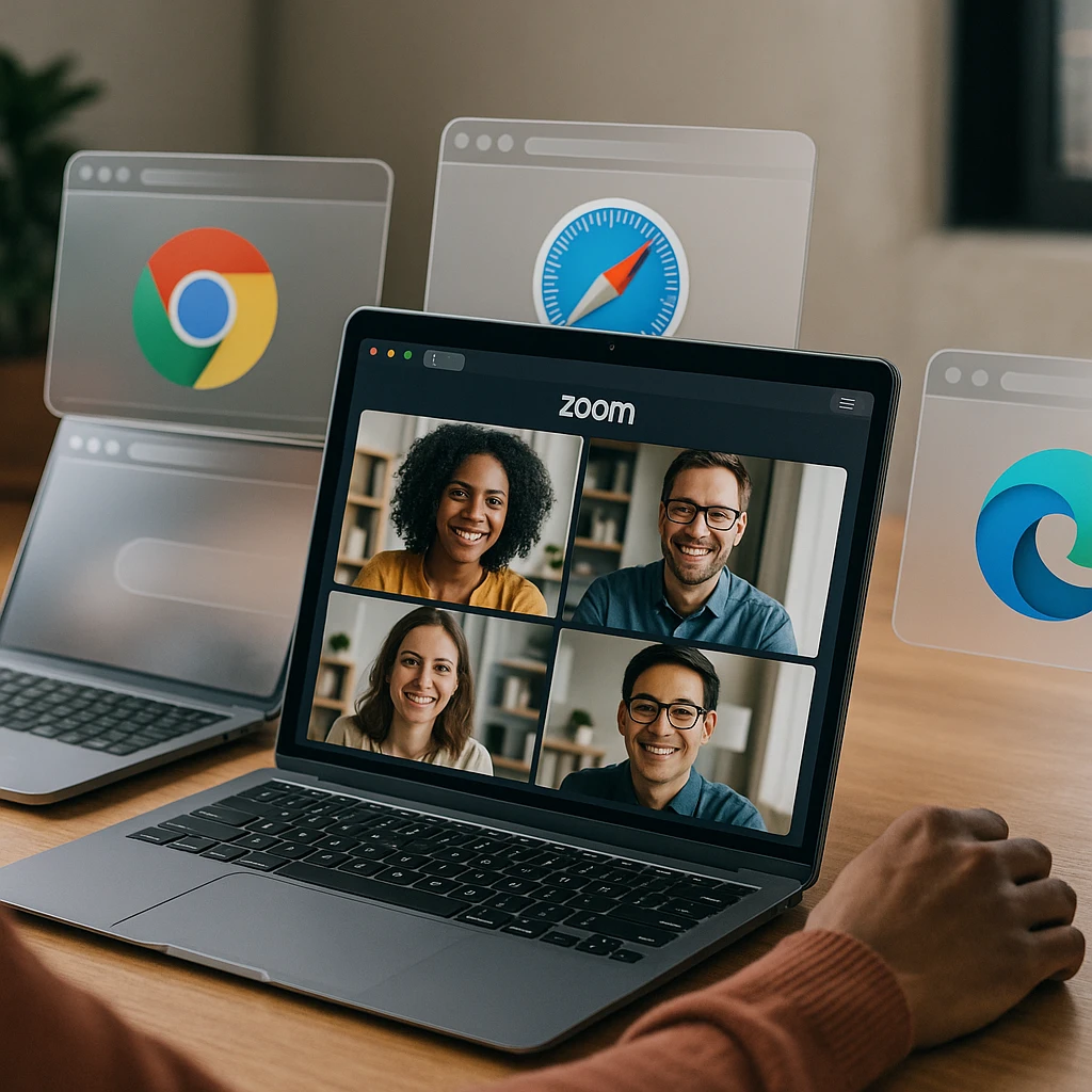Plusieurs professionnels rejoignant avec succès une réunion Zoom depuis différents navigateurs sur divers appareils