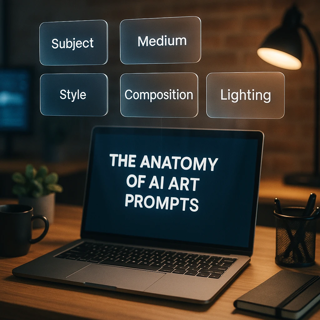 Une représentation visuelle des éléments clés d'un excellent prompt artistique IA : Sujet, Support, Style, Composition et Éclairage