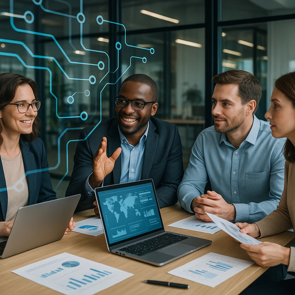 Professional business team in modern conference room having face-to-face meeting with laptops and documents