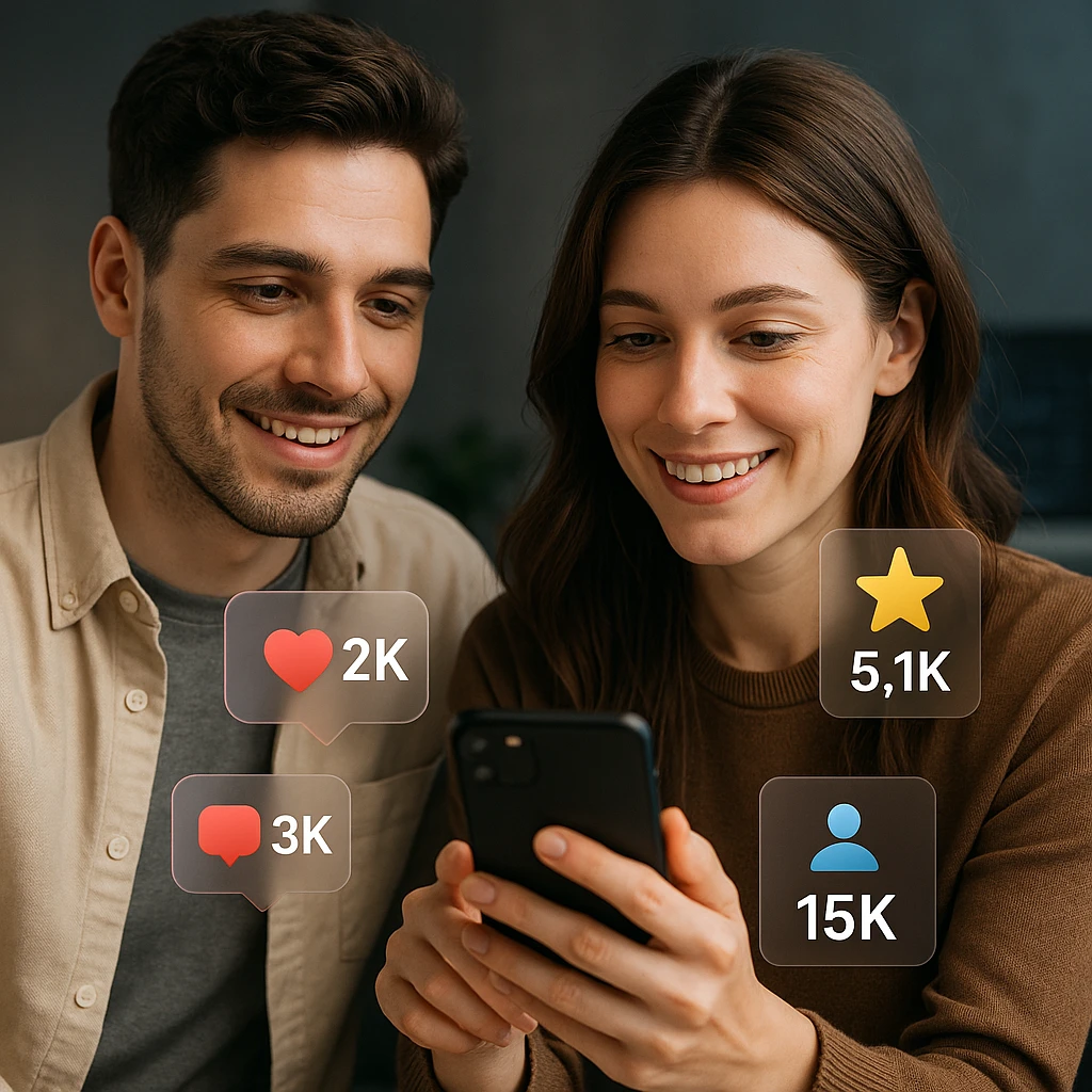 Créateurs de contenu utilisant des smartphones avec des mesures d'engagement viral flottant autour d'eux