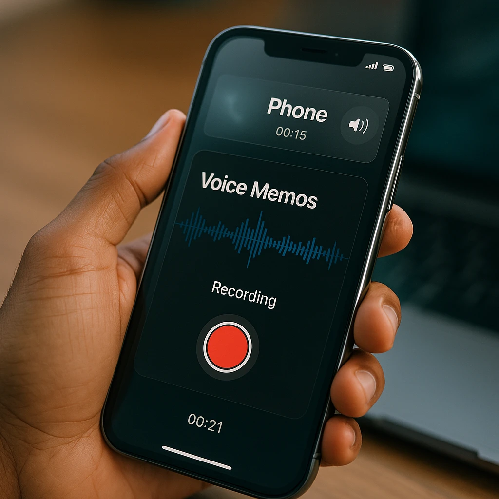 Écran d'iPhone montrant l'application Dictaphone avec le bouton d'enregistrement rouge actif pendant un appel téléphonique