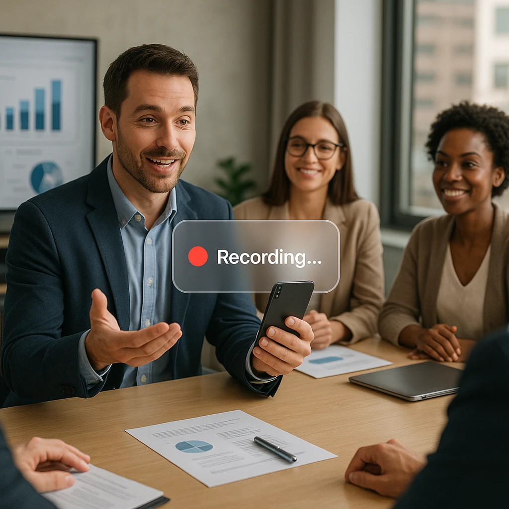 Scène de réunion d'affaires professionnelle montrant une personne annonçant clairement l'enregistrement avec le consentement visible de tous les participants - éclairage de bureau naturel avec installation technologique moderne