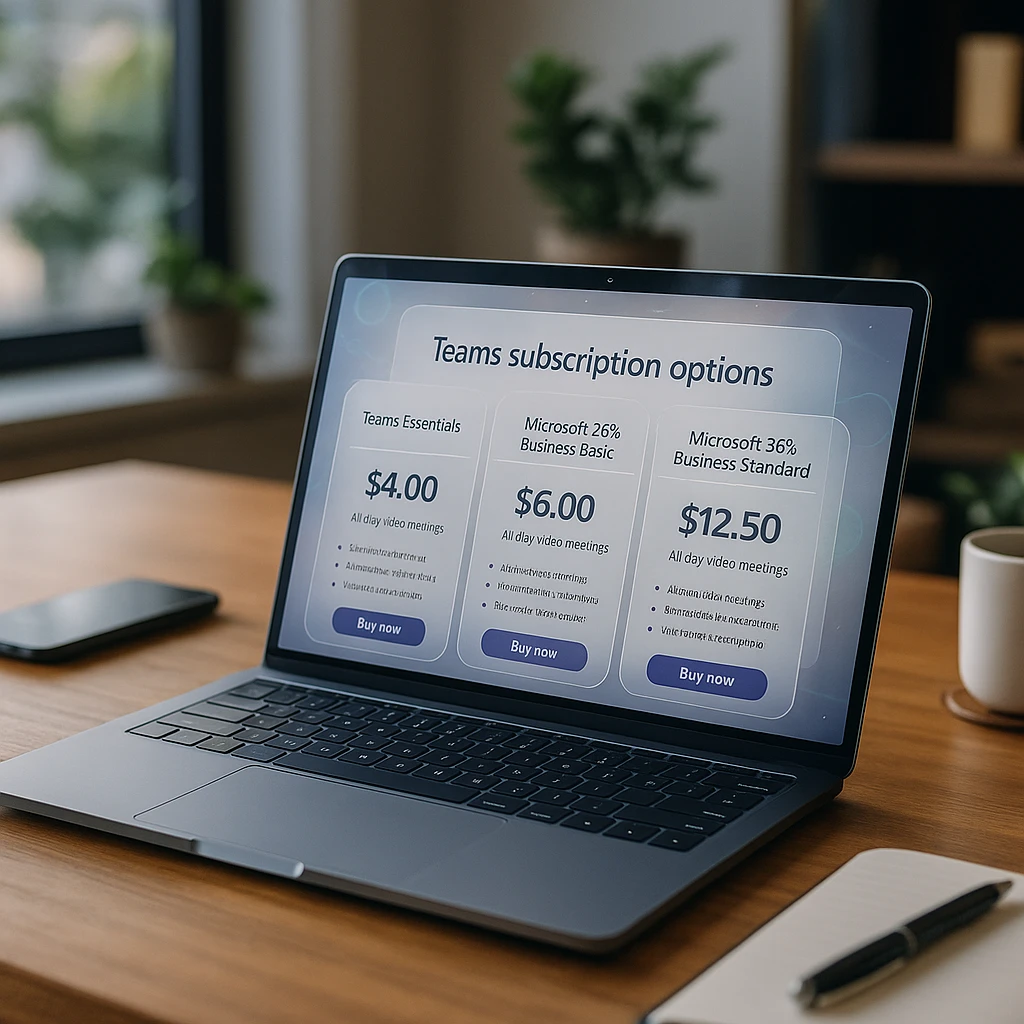 Espace de travail professionnel avec un ordinateur portable affichant les options d'abonnement à Teams et un tableau des prix